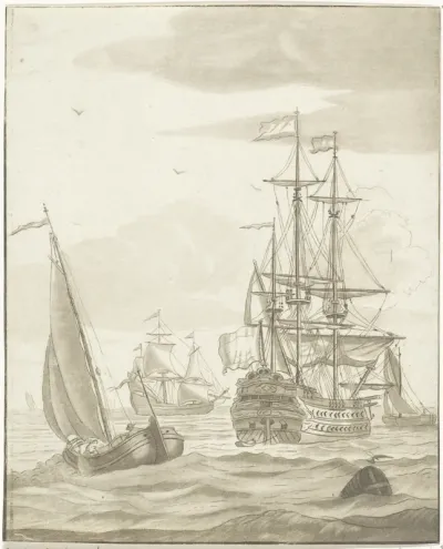Oorlogschip en drie zeilschepen op volle zee