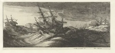 Oorlogsschepen en een walvis in een zeestorm