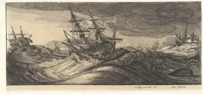 Oorlogsschepen en een walvis in een zeestorm