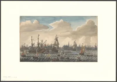 Oorlogsschepen op het IJ en gezicht op de stad
