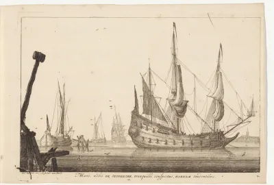 Oorlogsschip met drie masten aan een pier