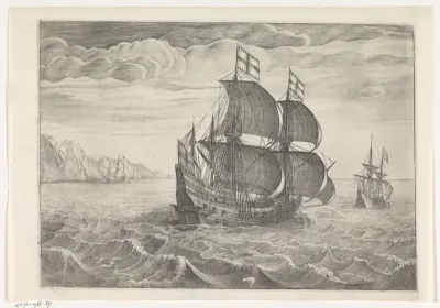 Oorlogsschip met volle zeilen bij een kust