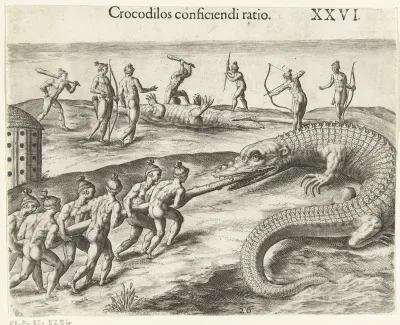 Oorspronkelijke Amerikanen vangen een krokodil