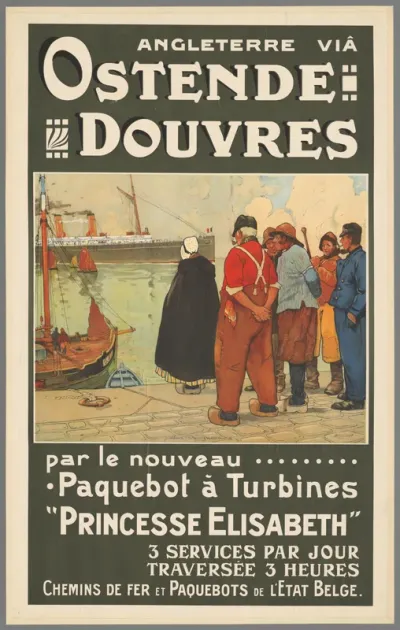Oostende Douvres, par le nouveau paquet a Turbing Princesse Elizabeth 3 services par jour traversee 3 heures chemins de fer et paquebots de l'Etat Belge.