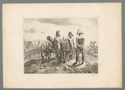 Oostenrijkse kanonniers bij de trekkar met daarop het kanon
