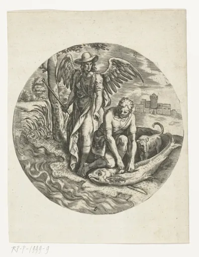 Op aanwijzing van de engel snijdt Tobias de vis in stukken