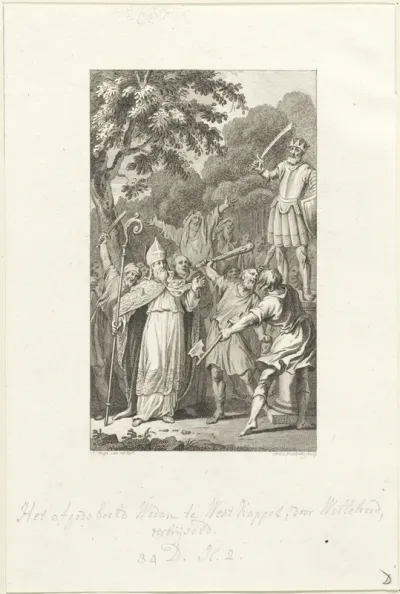 Op bevel van Willibrord wordt het beeld van de Germaanse god Wodan te Westkapelle verbrijzeld, 695