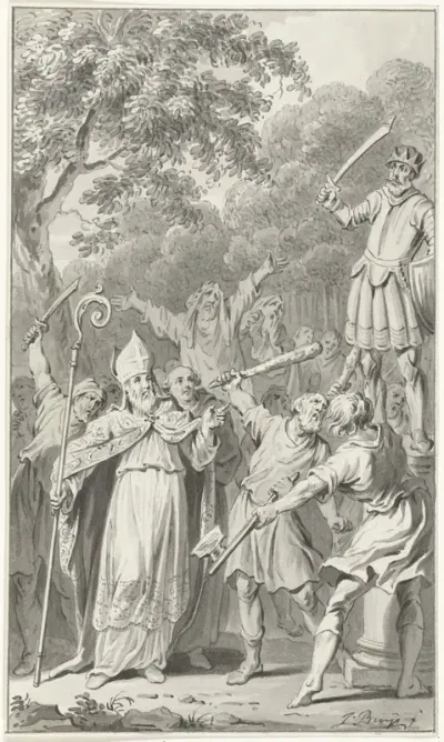 Op bevel van Willibrord wordt het beeld van de Germaanse god Wodan te Westkapelle verbrijzeld, 695