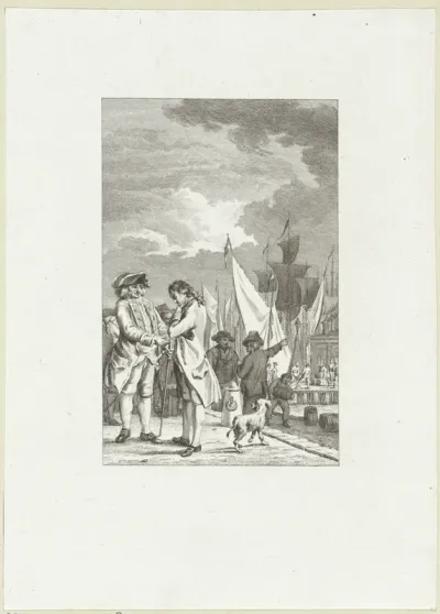 Op de kade bij een haven voeren twee mannen een gesprek