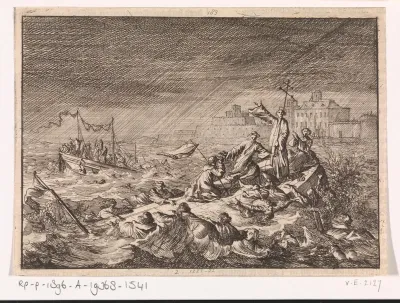 Op de Weichsel bij Warschau lijden twee schepen met geestelijken en bedevaartgangers schipbreuk in een wervelwind, 1683