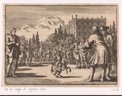 Op een plein te Madrid heeft zich een menigte verzameld rondom Louisillo, 1675