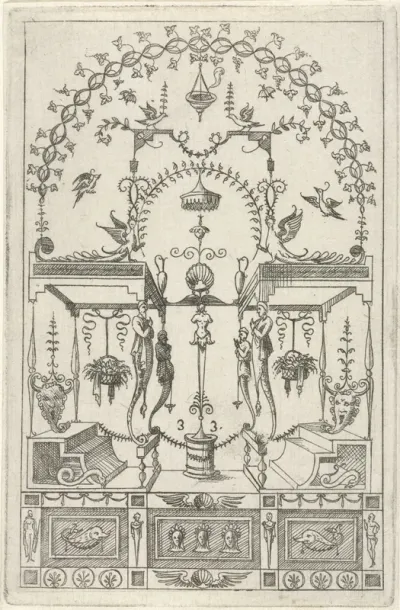 Op een sokkel, gedecoreerd met vissen en mascarons, staat een ton met een herme erop