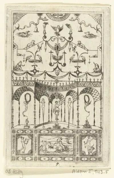 Op een voetstuk, gedecoreerd met van links naar rechts Mercurius, Neptunus en Venus, staan hermen