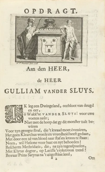 Opdracht aan Willem van der Sluys met wapen geflankeerd door Minerva en Hercules