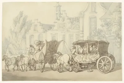 Open reiswagen en koets in een quasi-Hollandse straat