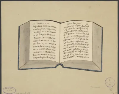 Opengeslagen boek met twee pagina's uit Het leven van John Sheppard
