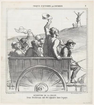 Opening of hunting season, it seems that two partridges have been sighted in the area, from 'Autumn sketches,' published in Le Charivari, September 25, 1865