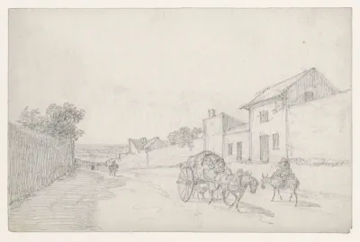Oplopende straat met huifkar