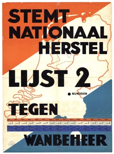 Oproep voor de gemeenteraadsverkiezingen Nijmegen door de partij Nationaal Herstel .Op de voorzijde een stempel van het Commissariaat van Politie te Nijmegen op 17 juni 1935.