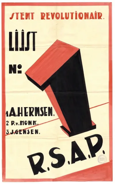 Oproep voor de gemeenteraadsverkiezingen van Hermsen, v Honk, Gensen, van de R.S.A.P. Lijst 1. Op de voorzijde een stempel van het Commissariaat van Politie te Nijmegen van 15 juni 1935. Affiche is niet gedrukt maar zelf getekend.
