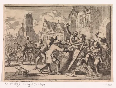 Oproer te Dordrecht waarbij een afbeelding van Cornelis de Witt door het volk wordt vernield, 1672