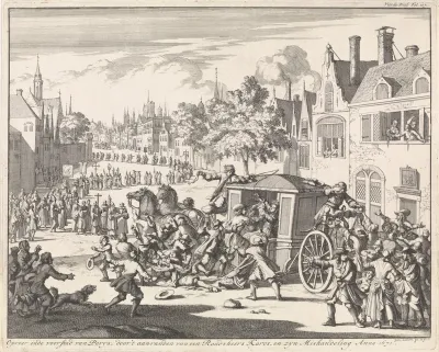 Oproer tijdens een processie in een voorstad van Parijs, 1671