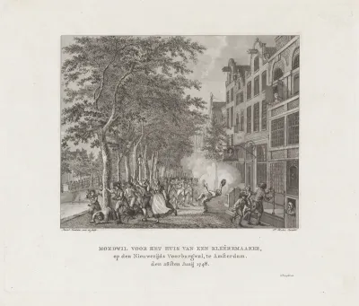 Oproer voor het huis van een kleermaker te Amsterdam, 1747