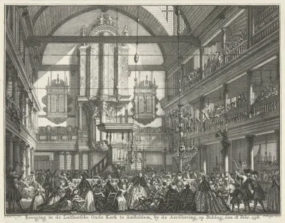 Opschudding in de Oude Lutherse Kerk te Amsterdam tijdens de aardbeving van 18 februari 1756