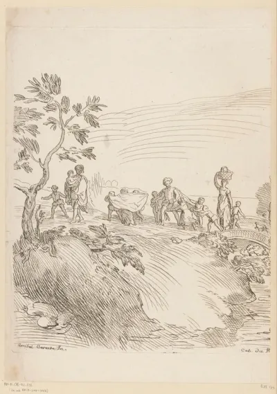 Optocht in een landschap met een brug (linkerdeel)