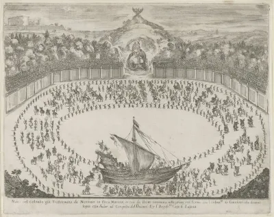 Optocht met schip in arena