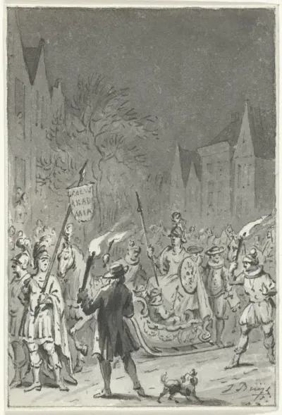 Optocht met slede te Leiden ter herdenking van het tweede eeuwfeest van het ontzet en de stichting van de universiteit, 24 januari 1776