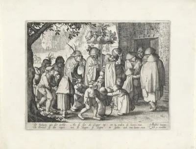 Optocht van leprozen in een dorp