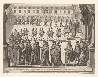 Optocht van ridders van de Orde van de Saint-Esprit op de binnenplaats van Fontainebleau