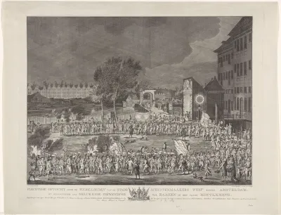 Optocht van werklieden van de Stadsschuitenmakerswerf op het Kattenburgerplein te Amsterdam, 1787