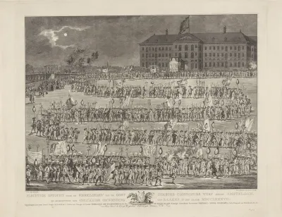 Optocht van werklieden van de werf van de Vereenigde Oostindische Compagnie op het Kattenburgerplein te Amsterdam, 1787
