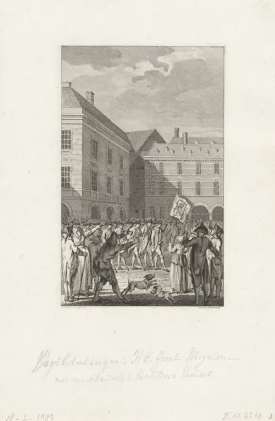 Optrekken van de wacht op het Binnenhof met een schandelijk vaandel, 1787