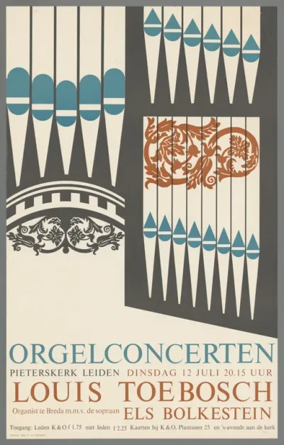 Orgelconcerten. Pieterskerk Leiden Louis Toebosch. Organist te Breda m.m.v. de sopraan Els Bolkestein