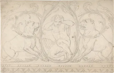 Ornament Containing a Nude Male with Pipes Framed by Two Dogs