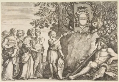 Ornament design for a thesis, the Strozzi coat of arms at top