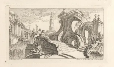 Ornament met architectuur met rocaille elementen en figuren