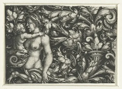 Ornament met bladranken en een vrouwelijke triton met kind