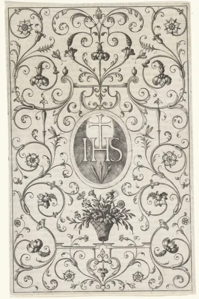 Ornament met bloemen en het monogram van Christus