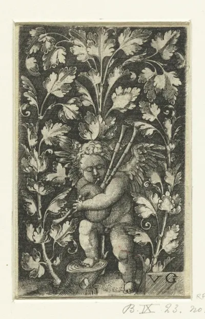 Ornament met doedelzakspelende putto
