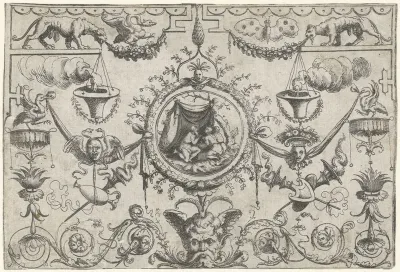 Ornament met drie figuren geknield onder een doek