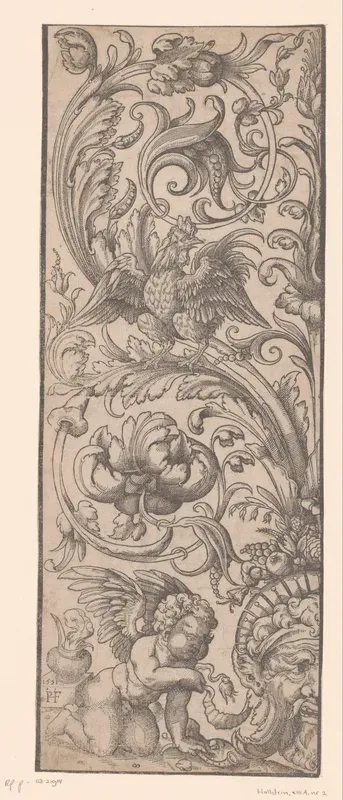 Ornament met een knielende putto en een haan
