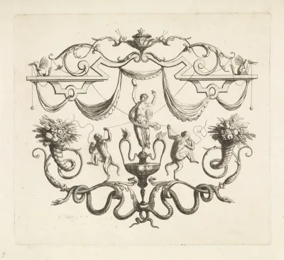 Ornament met een maenade met tamboerijn en twee aapjes