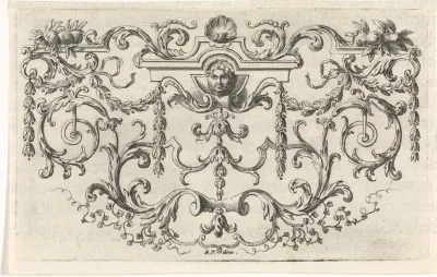 Ornament met een mascaron, guirlandes, bladranken en schelp