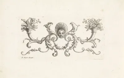 Ornament met een mascaron omgeven door bladranken twee hoorns met planten en bloemen