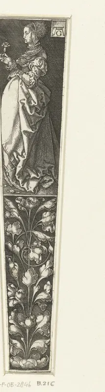 Ornament met een vrouw die een anjer in haar hand houdt