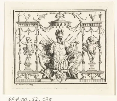 Ornament met een wapenrusting en aan weerszijden putti